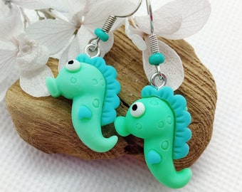 Turquoise Seahorse Earrings, Polymer Clay Jewelry, Nautical Jewelry, Gift for Wife, Ocean earrings, Summer jewelry for her, sea life jewelry