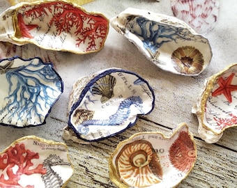 Ring and Earring Dish, Oyster Dish, Decoupage Plate, Ocean Decor, Nautical Style, Natural Shell Jewelry Holder, Boho Beach house decor