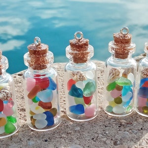 Sea Glass Jar Necklace, colorful seaglass bottle, Terrarium Beach pendant, Ocean jewelry, Beachy jewelry, Mini Cork Jar Filled with SeaGlass