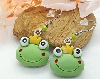 Cute Frog Earrings, Kawaii Earrings, Dangle Earrings, Prince frog, toad earrings, Animal Earrings, Hypoallergenic jewelry, unique gift idea