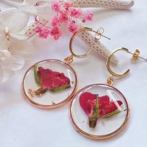 Rose bud Earrings, golden hoop earrings, Dried Flower jewelry, pressed flower jewelry, Romantic earrings, red rose gift for spring lovers