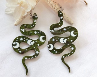 Slangenoorbellen met fluwelen maan, heidense sieraden, hemelse slangenoorbellen, heksenoorbellen, steroorbellen, esoterische sieraden voor tovenares