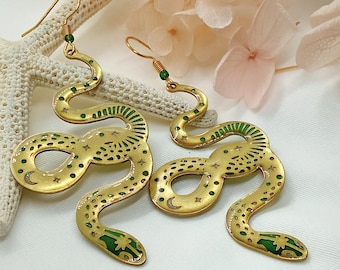 Hemelse slangenoorbellen, heksenoorbellen, harssieraden, slangendruppels, ster- en maanoorbellen, esoterische sieraden, magische sieraden voor vrouwen
