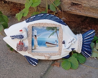 Fish Photo Frame, Seaside Decoration with Seagull, Nautical Picture Frame, Sailboat Decor, Coastal Style for Beach House, Ocean ornament