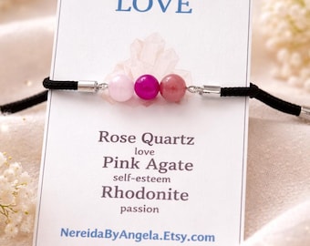 Crystal Intention Bracelet with Meaning Card, Healing Gemstone Bracelet, Protection Love Money Good Luck Gift, Adjustable Cord Bracelet