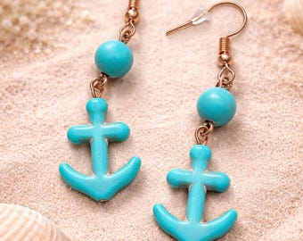 Pendientes de Ancla Turquesa, Pendientes Náuticos Colgantes, Joyería de Playa, Pendientes de Verano Inspirados en el Océano, Regalo Marinero