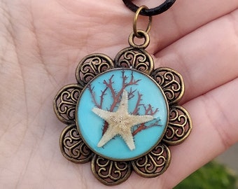 Real Starfish necklace, Blue Sea Necklace, Aqua ocean life jewelry, Mermaid jewelry, Underwater Necklace, Seaweed Nature Pendant shell jewel