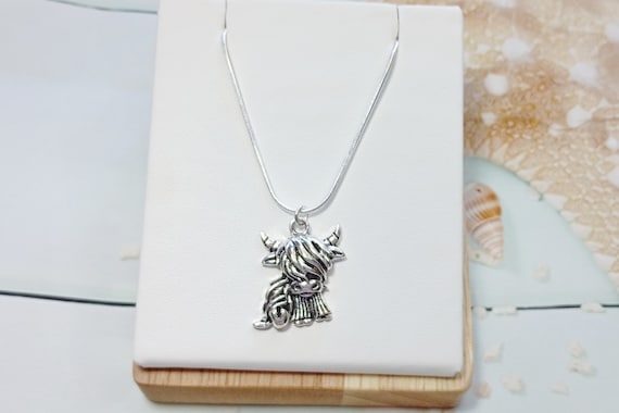 Tiny Highland Cow Necklace, Scottish Inspired Jewellery, Scotland Cow Pendant, Celtic Style jewelry, Highland Cow Gift, Animal Lover present