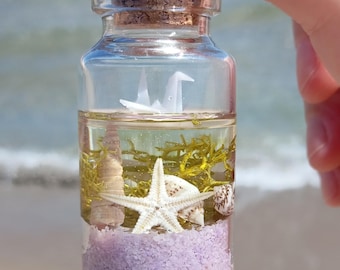 Mini oceaanfles met origamikraan, nautisch ornament, realistische zeebodempot, zeesterdecor voor kusthuis, strandliefhebber cadeau met zand