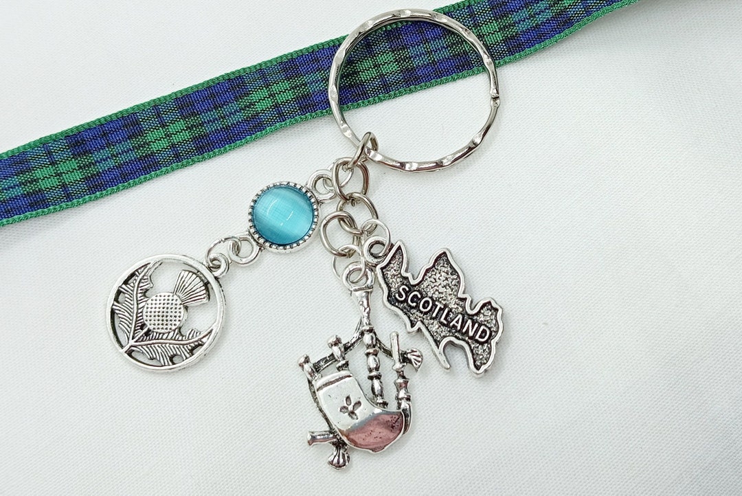 Scottish Thistle Keychain, Bagpipe Keyring, Map of Scotland, Custom