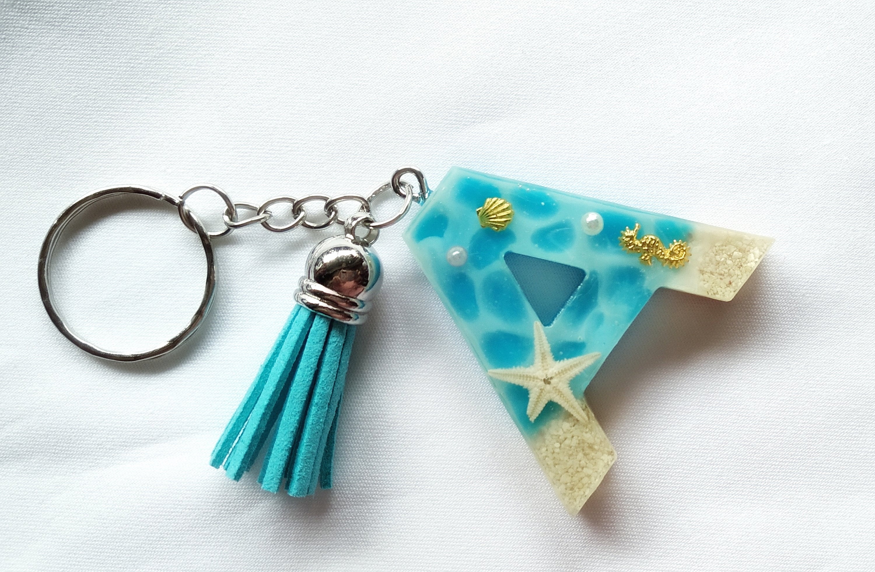 Porte-clés Décoratif Thème Océan - Perles, étoiles De Mer, Coquillages - Idée Cadeau Pour Femme Ou Amoureux De La Mer - Bleu Et Doré