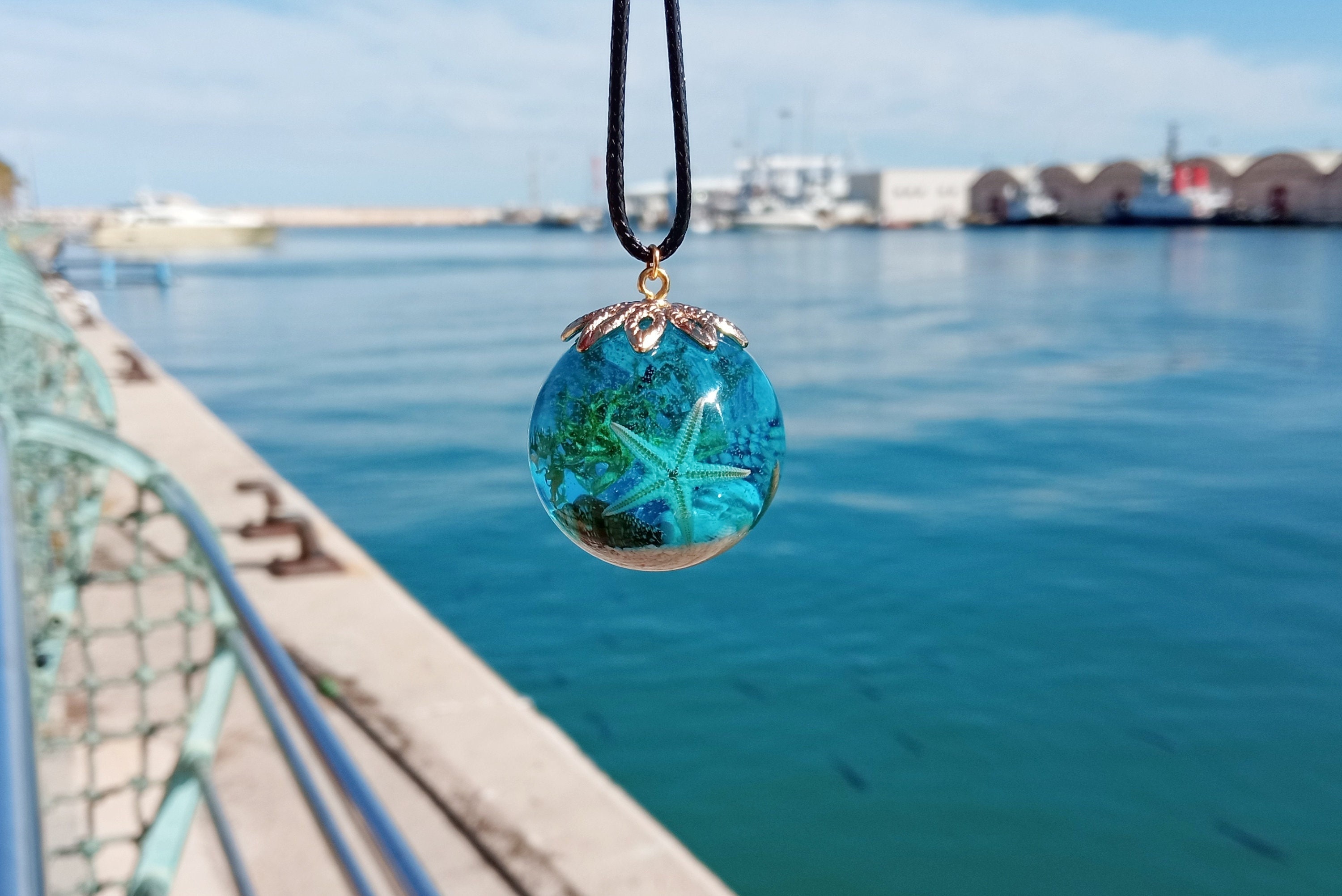 Underwater Necklace, Ocean Resin Ball Necklace, Starfish