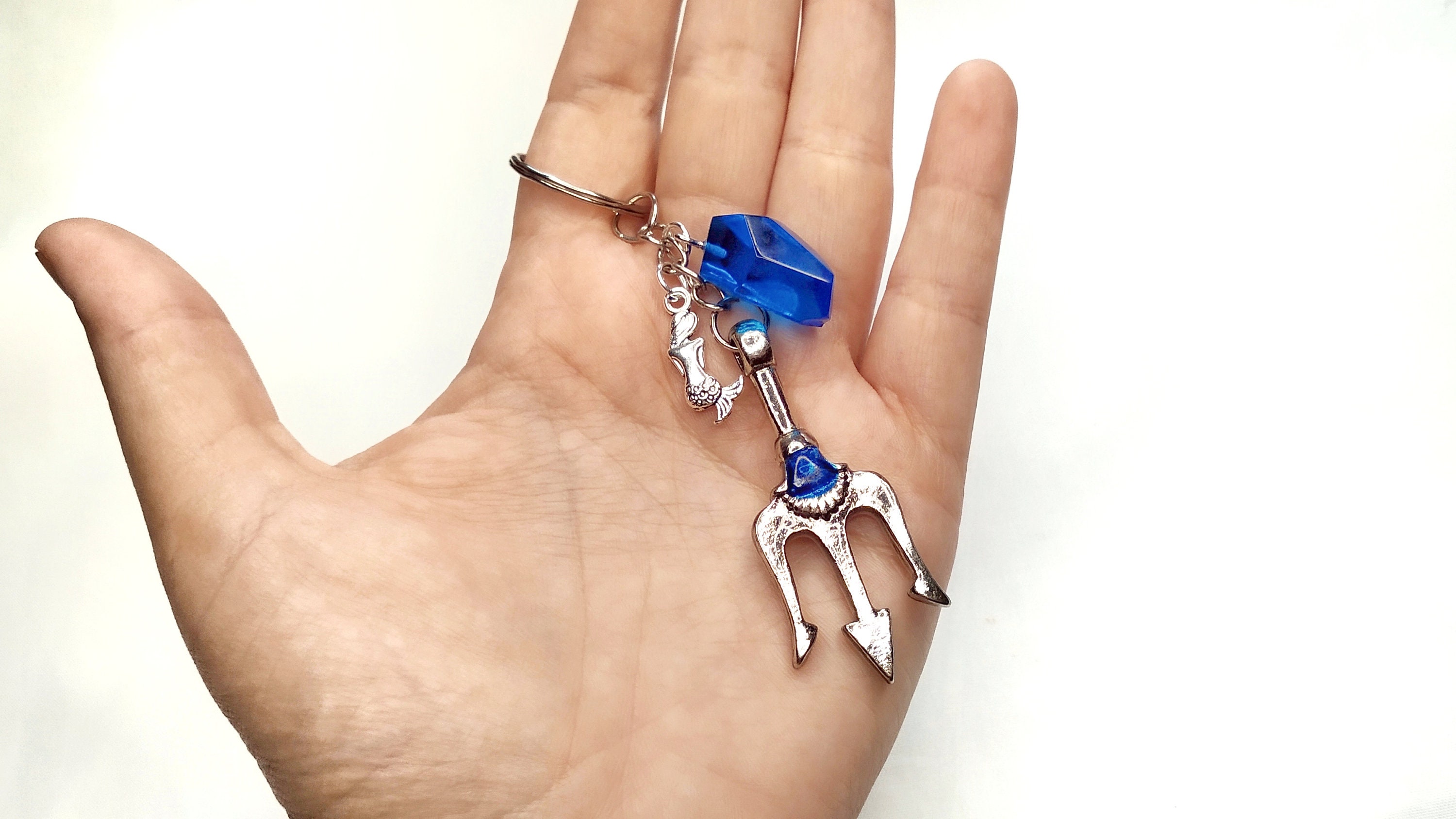 Beautiful Merman Trident, Nautical Keychain, Resin Moonstone Keyring ...