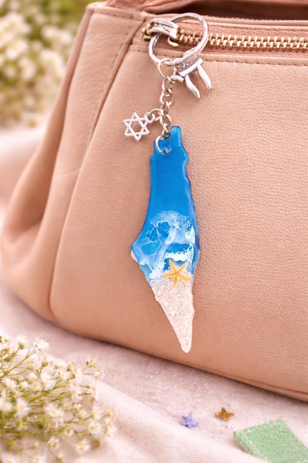 Israel Map Resin Keychain, Ocean Beach Keyring With Sand & Starfish ...