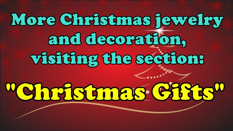 May include: A festive graphic with text promoting Christmas jewelry and decorations. The background is a gradient red with snowflake accents and a stylized Christmas tree. The text encourages viewers to visit the "Christmas Gifts" section.