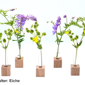May include: Five small wooden cube holders with glass test tubes, each holding a different type of flower. The flowers are purple, yellow, and green. The text "Wuerfel-Halter: Eiche" is printed below the holders.