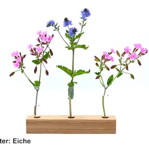 May include: Three glass bud vases with a wooden holder. The vases hold pink and blue flowers. The holder is labeled "15cm Halter: Eiche".