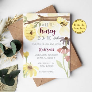 A Little Honey Bee Invitation Template - Editable Honey Bee Theme Baby Shower Invite 5x7 - Printable Digital Download | ID 14187399