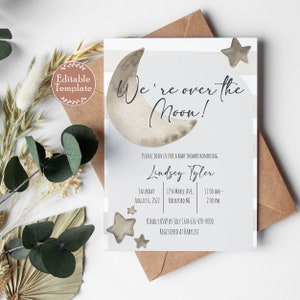 We're Over the Moon Baby Shower Invitation Template - Editable Moon and Star Baby Shower Invite 5x7 - Digital Instant Download - ID 14184390
