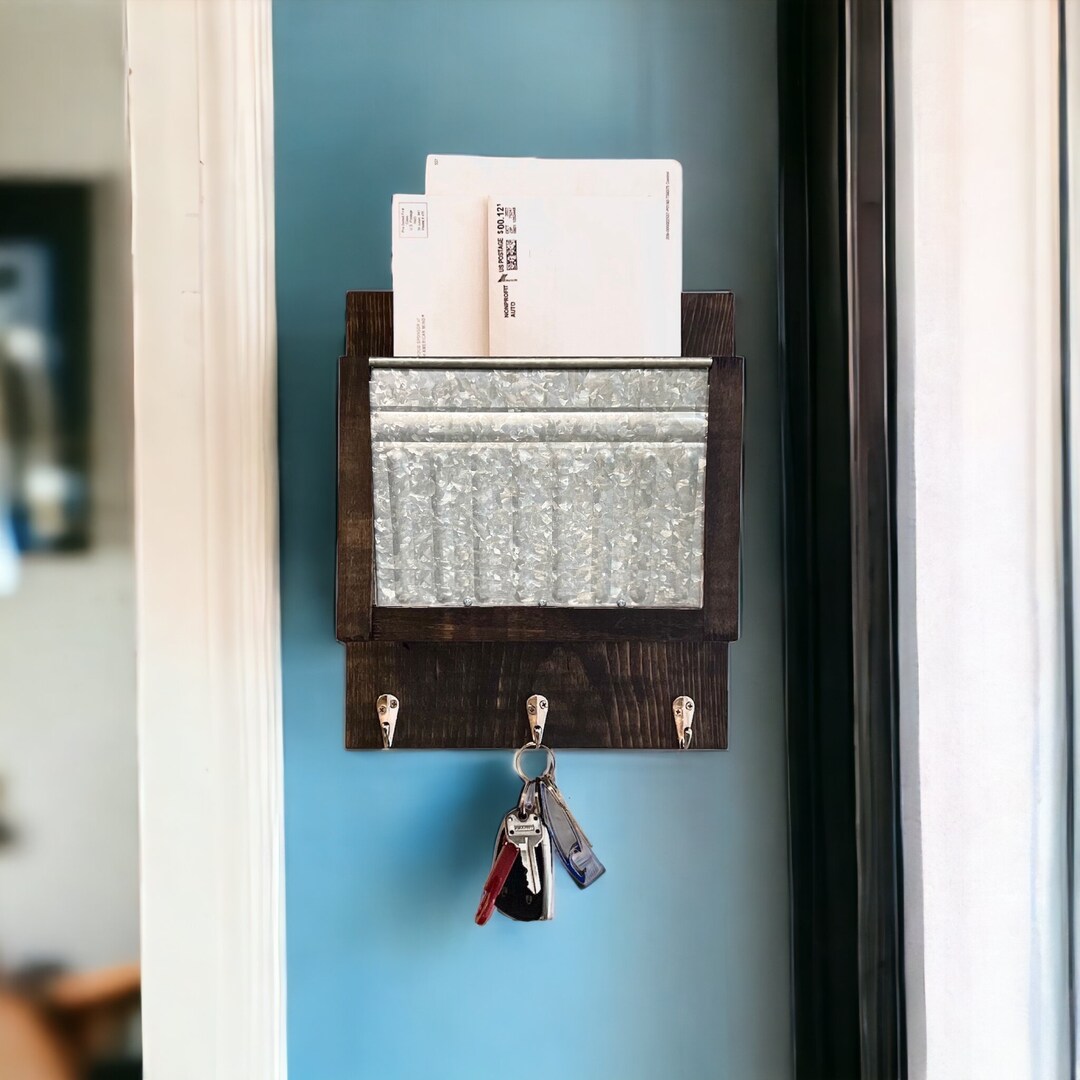 Farmhouse Mail Holder No. 703 With Key Hooks Wood Galvanized Metal Wall