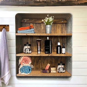 Farmhouse Bath Shelf No. 117 -  Galvanized Tub With Shelves- Bathroom Shelf- Country Wall Decor- Laundry room- Mudroom
