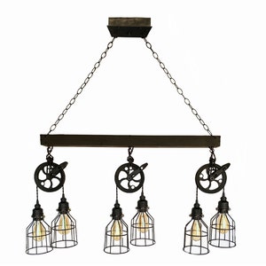 3 Pulley Farmhouse Chandelier - Kitchen- Island - Dining light fixture - 6 Sockets/Black Cages