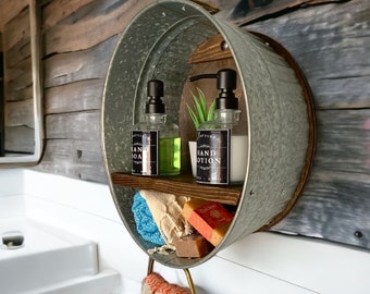 Farmhouse Bath Shelf No. 104 Round Galvanized Tub Single Shelf - Bathroom Shelf- Country Wall Decor- Laundry room- Mudroom- Powder Bathroom