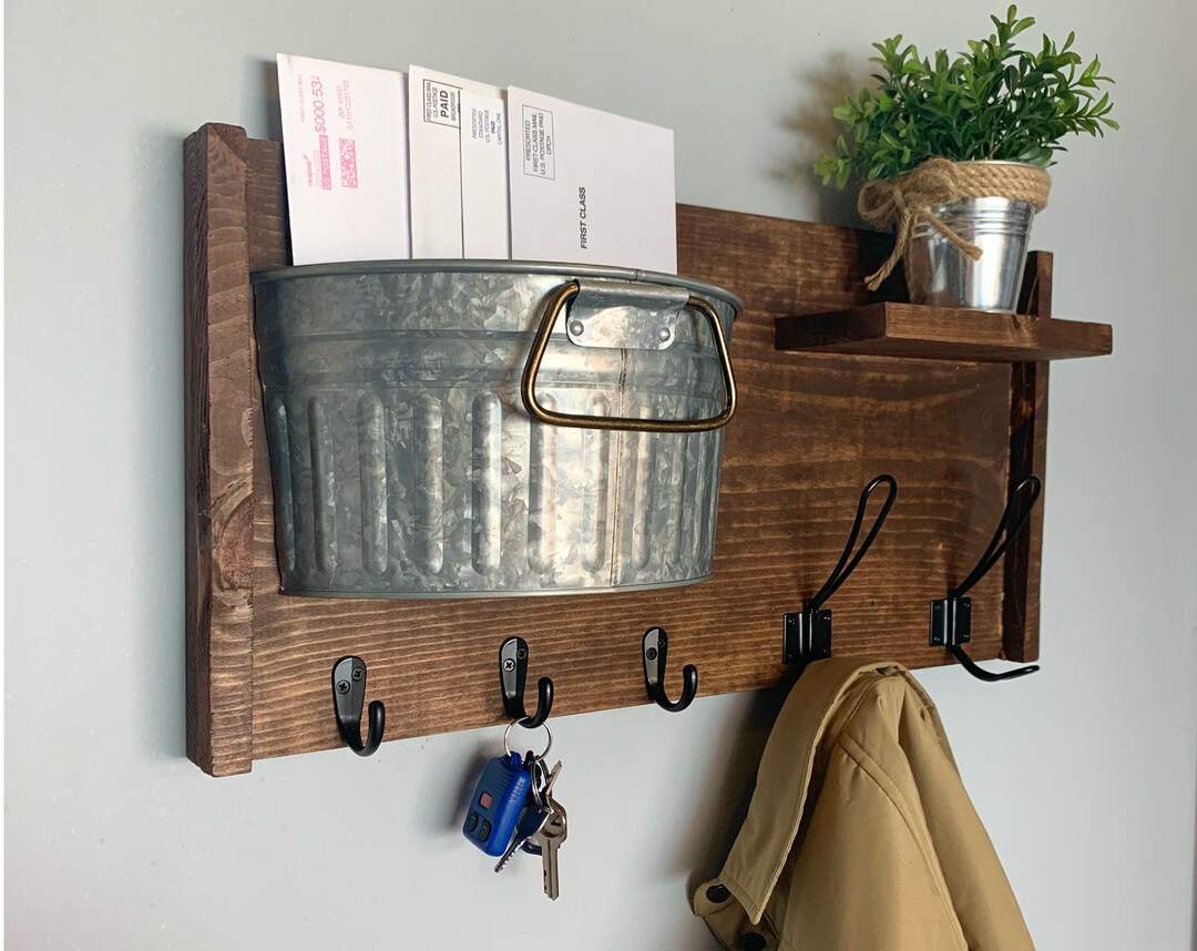 Farmhouse Mail Holder No. 701 - With Key & Coat Hooks- Large Galvanized ...
