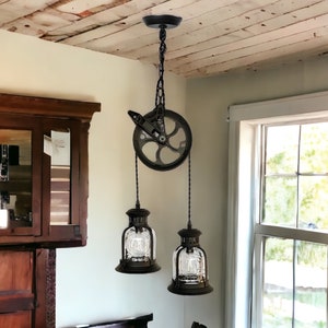 Single Large 8” Pulley Farmhouse Pendent - Kitchen/Dining light fixture - 2 Sockets/Black Vintage Lanterns