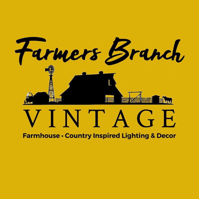May include: A mustard yellow background with a vintage logo. The logo shows the words "Farmers Branch" in a cursive font above a black silhouette of a barn, windmill, and farm animals. The word "VINTAGE" is below in a serif font.