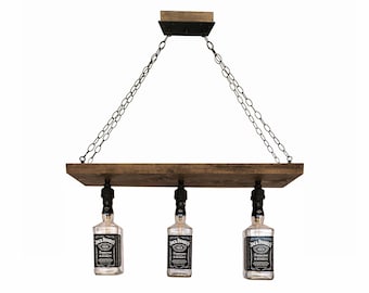 Hanging Repurposed Jack Daniels Bottle Pendant Light Chandelier- Island- Dining- Bar- Man Cave -Espresso Stain-3 Socket