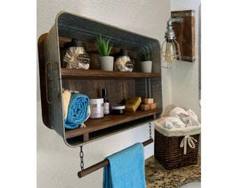 Farmhouse Bath Shelf No. 102 - Rectangle Horizontal Galvanized Tub With Shelves- Bathroom Shelf- Country Wall Decor- Laundry room- Mudroom