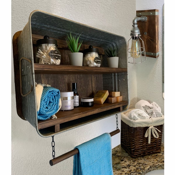 Farmhouse Bath Shelf No. 102 - Rectangle Horizontal Galvanized Tub With Shelves- Bathroom Shelf- Country Wall Decor- Laundry room- Mudroom