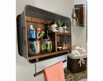 Farmhouse Bath Shelf No. 103- Rectangle Horizontal Galvanized Tub With Shelves- Bathroom Shelf- Country Wall Decor- Laundry room- Mudroom