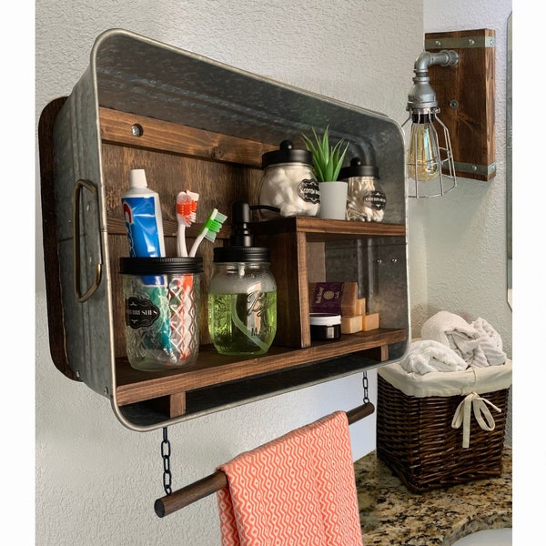 Farmhouse Bath Shelf No. 103- Rectangle Horizontal Galvanized Tub With Shelves- Bathroom Shelf- Country Wall Decor- Laundry room- Mudroom