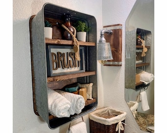 Farmhouse Bath Shelf No. 101- Rectangle Galvanized Tub With Shelves- Bathroom Shelf- Country Wall Decor- Laundry room- Mudroom