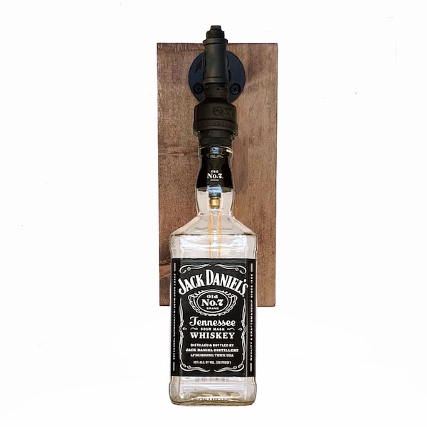 Farmhouse Bottle Wall Sconce - Repurposed Jack Daniels Bottle - Man Cave - Hallway - Dining - Study - English Chestnut Stain - 1 Socket