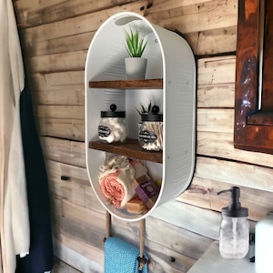 Farmhouse Bath Shelf No. 110- White Oval Metal Tub With Shelves- Country Wall Decor- Bathroom Shelf- Mudroom- Laundry room