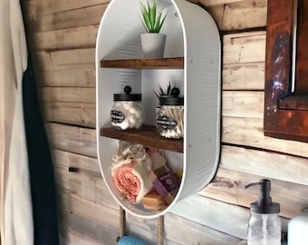 Farmhouse Bath Shelf No. 110- White Oval Metal Tub With Shelves- Country Wall Decor- Bathroom Shelf- Mudroom- Laundry room