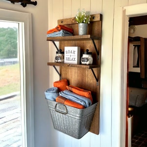 Farmhouse Bath Shelf No. 113- Towel holder- Galvanized Tub With Shelves- Bathroom Organizer Shelf- Towel Storage- Above Toilet Shelf
