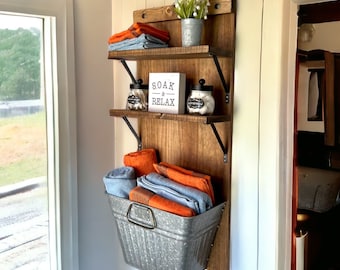 Farmhouse Bath Shelf No. 113- Towel holder- Galvanized Tub With Shelves- Bathroom Organizer Shelf- Towel Storage- Above Toilet Shelf