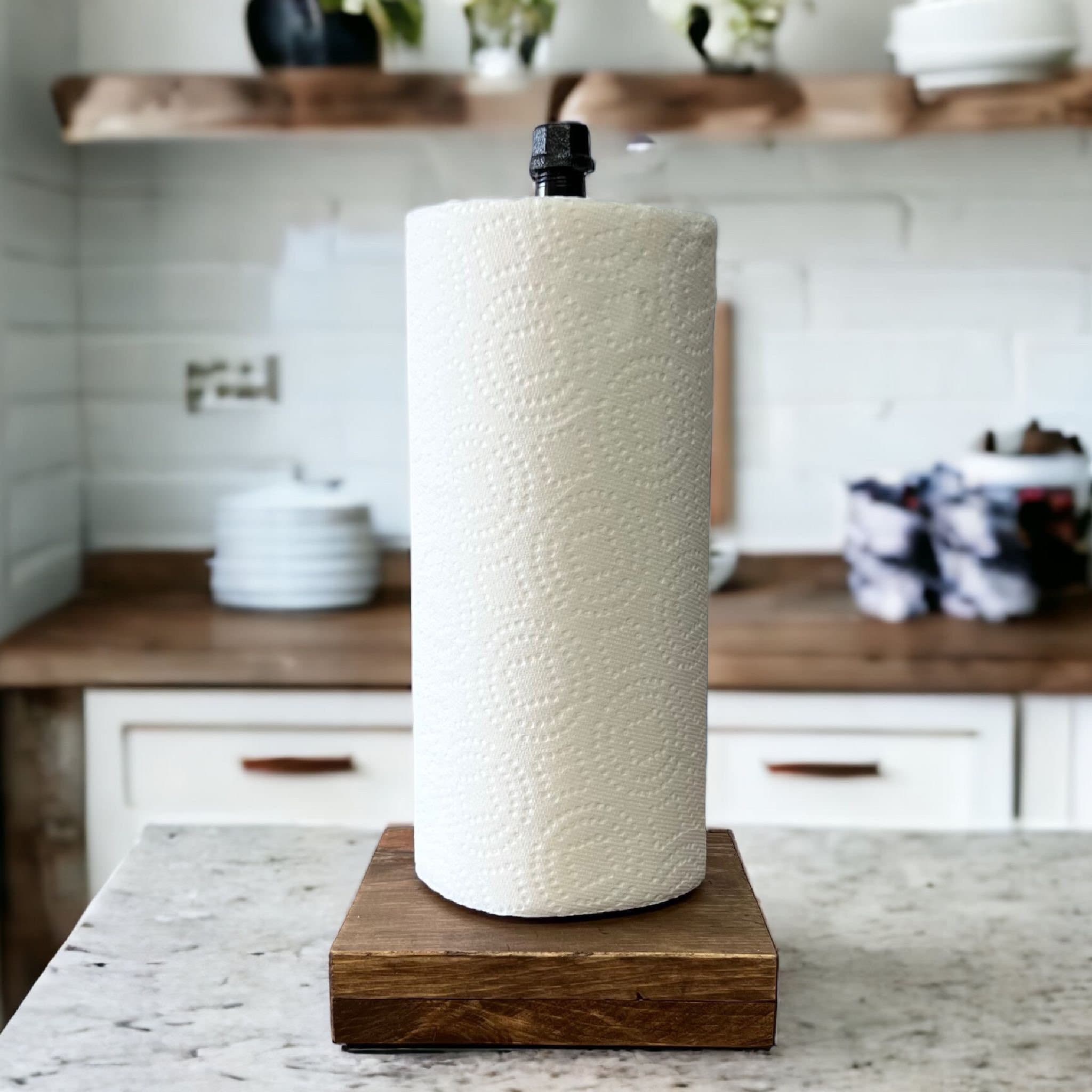 Kitchen Paper Towel Holder Countertop Rack, Rustic Burnt Wood and Metal Towel Dispenser with Top Shelf