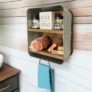 Farmhouse Bath Shelf No. 118 - Square Galvanized Tub With Shelves- Bathroom Shelf- Country Wall Decor- Laundry room- Mudroom