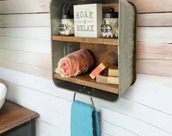 Farmhouse Bath Shelf No. 118 - Square Galvanized Tub With Shelves- Bathroom Shelf- Country Wall Decor- Laundry room- Mudroom