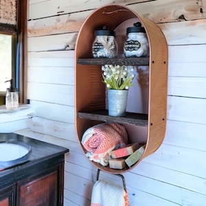 Farmhouse Bath Shelf No. 111- Oval Metal Tub With Shelves- Copper - Dark Bronze- Country Wall Decor- Bathroom Shelf- Mudroom- Laundry room
