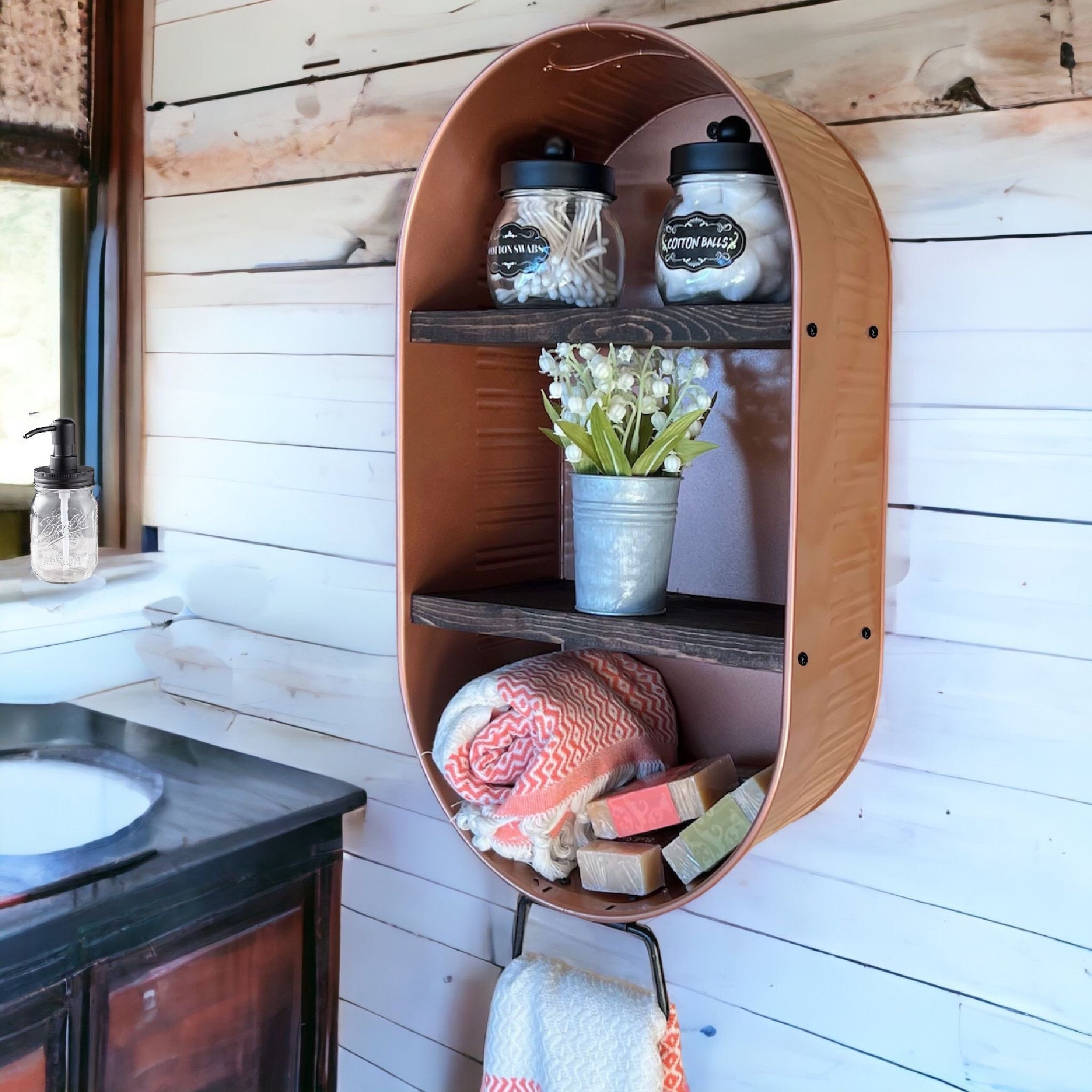 Galvanized Wash Tub With Shelves Wall Hanging Shelf Farmhouse Shelf Rustic Bathroom  Shelf Mudroom or Laundry Shelf 