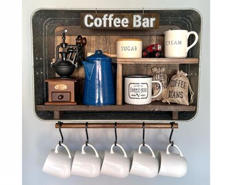 Farmhouse Coffee Bar Shelf No. 501 - Galvanized Tub With Shelves- Coffee mug holder- Coffee Bar Shelf- Country Wall Decor