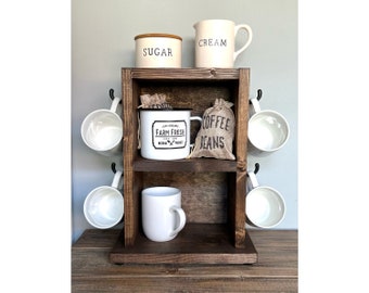 Farmhouse Coffee Bar Shelf No. 502 - Small Coffee Bar & Mug Holder- Coffee Bar Shelf- Country Decor