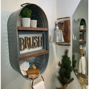 Farmhouse Bath Shelf No. 109- Oval Galvanized Tub With Shelves- Country Wall Decor- Bathroom Shelf- Mudroom- Laundry room