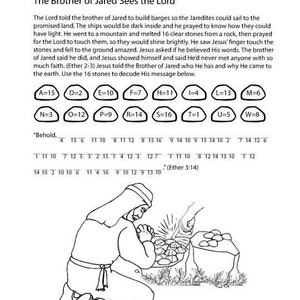 May include: A black and white illustration of a man kneeling and touching a pile of stones. The text "Behold, 4 15 6 11 10 8 11 12 8 15 16 9 14 10 9 15 14 10 2 7 14 12 6 111 10 7 12 5 3 2 15 1 4 12 3 127 111 10 8 12 14 13 10 1 12 14 10 2 10 10 6 11 4 16 9 10 12 9 13 10" is below the illustration. The text "(Ether 3:14)" is below the numbers.